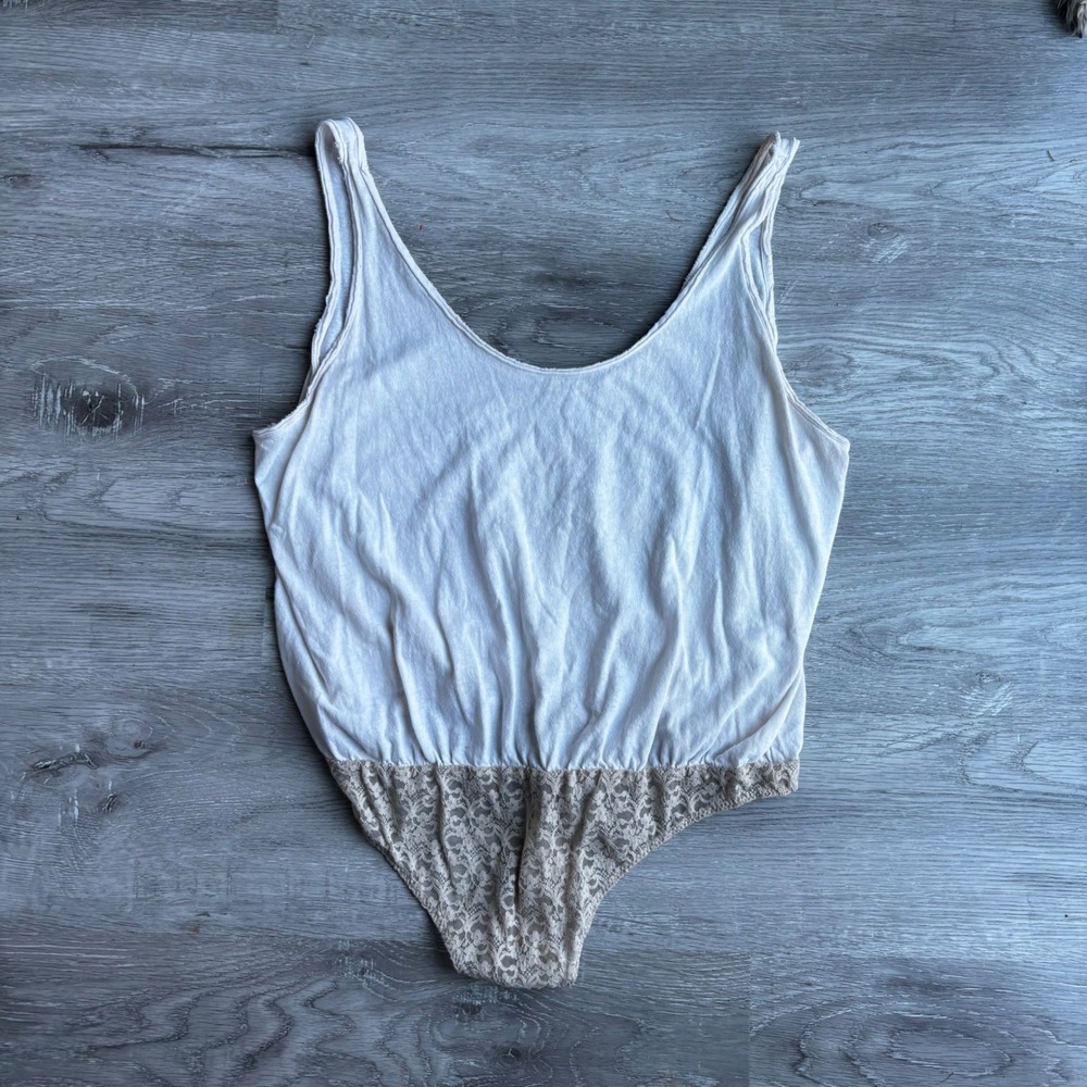 Free People Ivory Lace Trim Thong Bodysuit Tank Style LG boho‎ fairy
